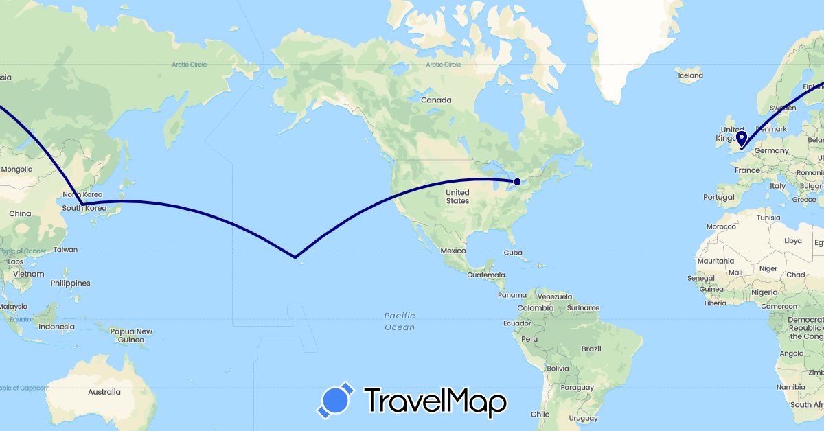 TravelMap itinerary: driving in Canada, United Kingdom, South Korea, United States (Asia, Europe, North America)